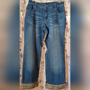 Multiples Denim with brad and flowered lace hem.